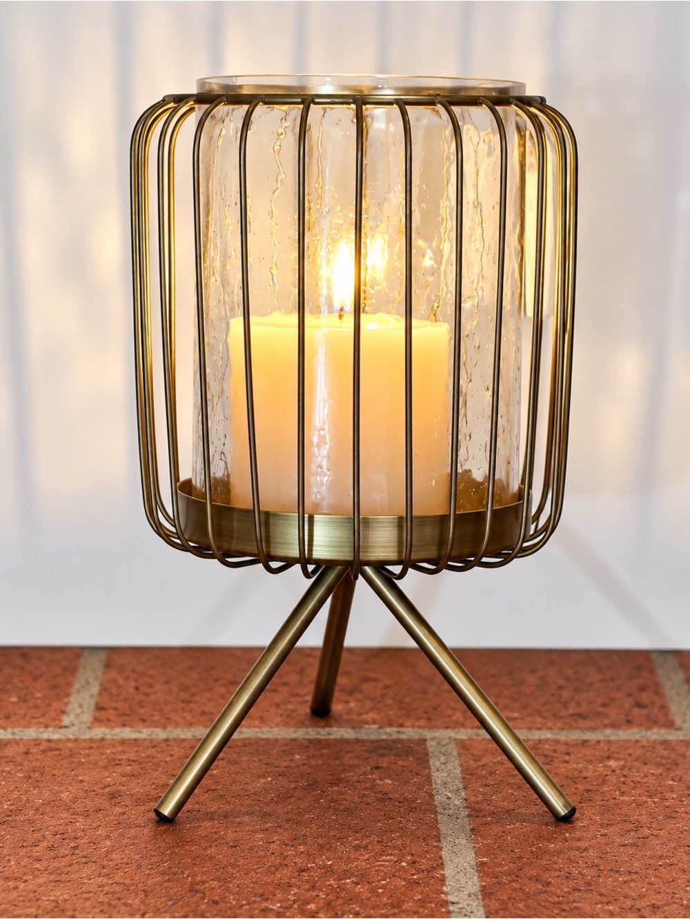 Brass Metal Cage Candle Holder with Glass Hurricane - Gold